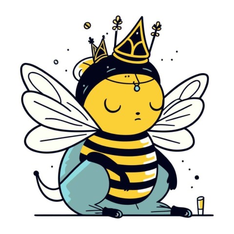 Cute little bee with a crown on his head. Vector illustration.