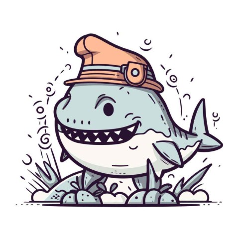 Cartoon shark in a hat. Vector illustration on white background.