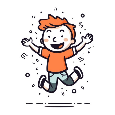 Happy little boy jumping in the air. Cute vector illustration.