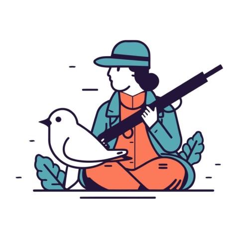 Vector illustration of a girl sitting with a shotgun and a dove.