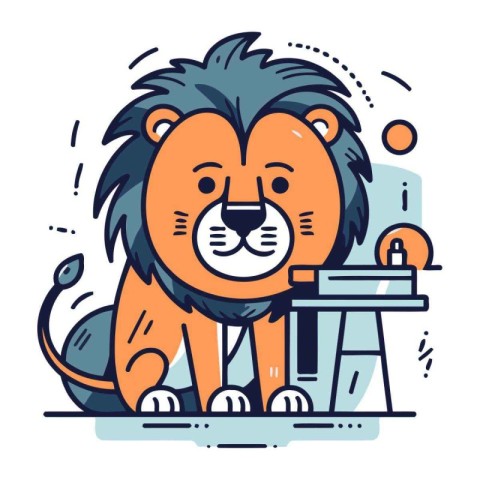 Cute lion sitting on the table. Vector illustration in line styl