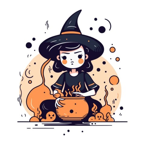 Cute girl in witch costume with pot of potion. Vector illustrati