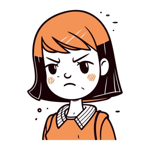 Angry little girl with sad expression. Vector illustration in ca