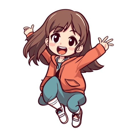 Cute little girl in casual clothes jumping. Cartoon vector illus