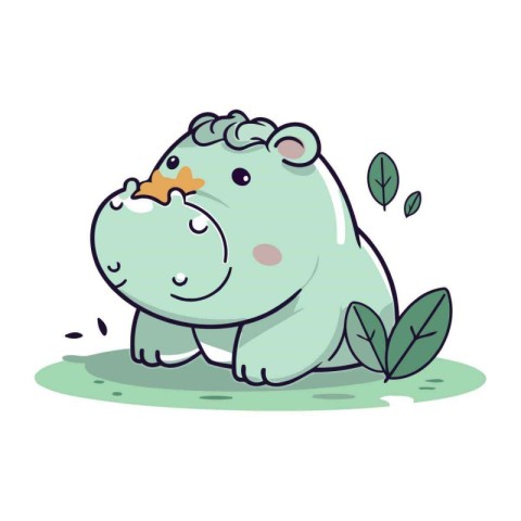 Cute hippopotamus with leafs. Vector illustration of cartoon ani