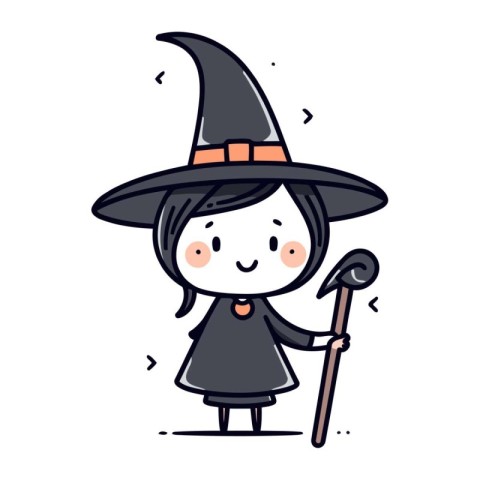 Cute little girl dressed as a witch with a magic wand. Vector il