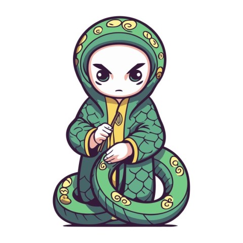 Cute cartoon japanese girl with snake. Vector illustration.