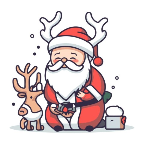 Santa Claus with reindeer and christmas gifts. Vector illustrati