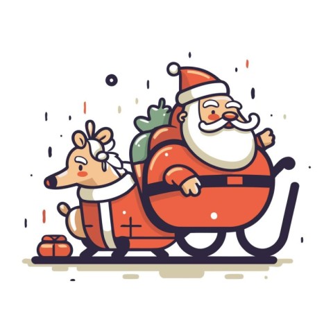 Cartoon Santa Claus rides a sleigh with presents. Vector illustr