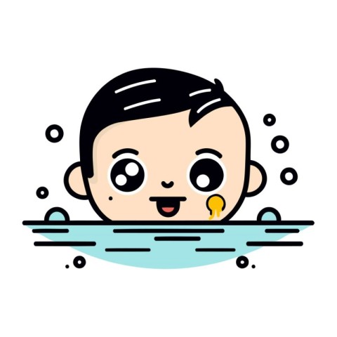 Cute cartoon baby boy face in swimming pool. Vector illustration