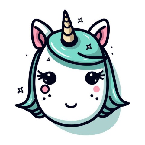 Cute cartoon unicorn head. Vector illustration isolated on white