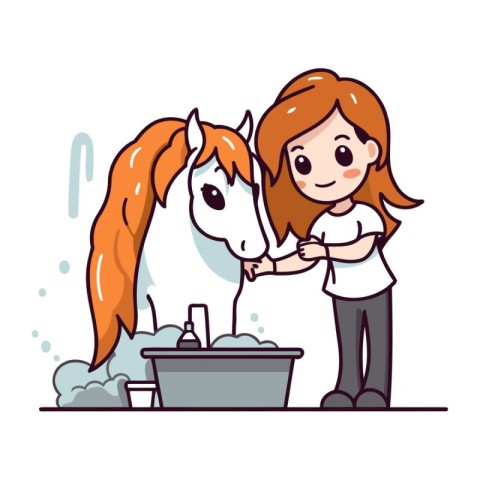 Girl washing horse in the bath. Vector illustration in cartoon s