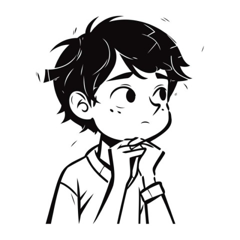 Boy thinking about something. Black and white vector illustratio