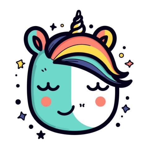 Cute unicorn head with rainbow horn and stars. Vector illustrati