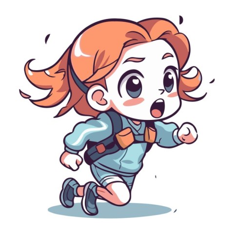 Cute red haired girl running. Vector illustration isolated on wh