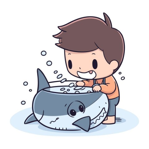 Boy feeding a whale in the sea. cute vector cartoon illustration