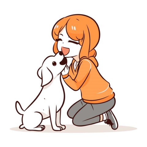 Illustration of a cute girl playing with her dog. Vector illustr