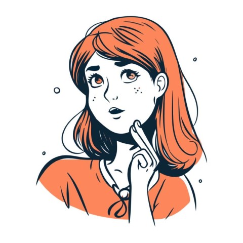 Vector illustration of a young woman with hand on her chin. Face