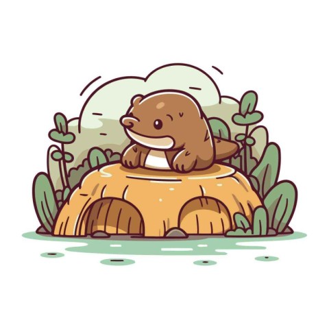 Cute cartoon otter sitting on a rock. Vector illustration.