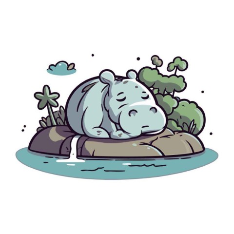 Hippopotamus on a rock in the water. Vector illustration