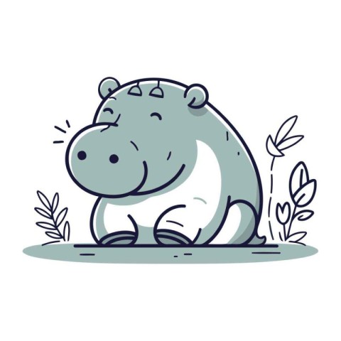 Cute hippo sitting on the ground. Vector illustration in cartoon