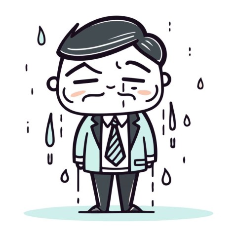 Stressful businessman cartoon character with rain drops. Vector