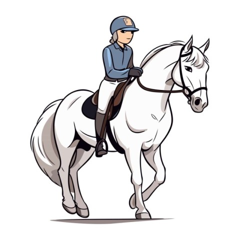 Jockey riding a white horse. Vector illustration isolated on whi