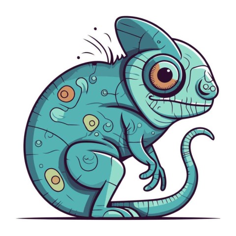 Cartoon blue chameleon with big eyes. Vector illustration.