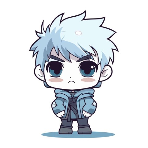 Cute anime boy with big eyes and blue hair. Vector illustration.