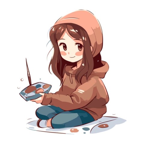 Cute little girl in warm coat with makeup palette and brush.