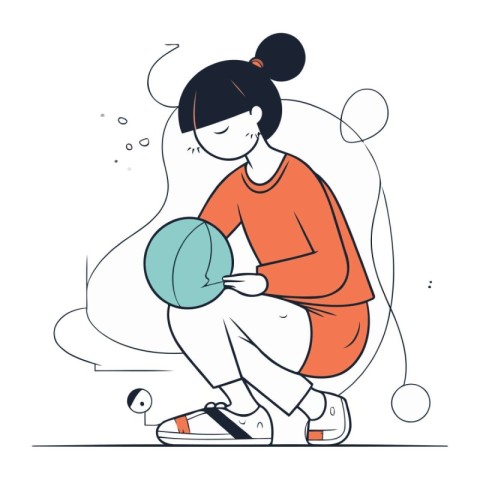 Teenager girl sitting with ball in hands. Vector illustration in