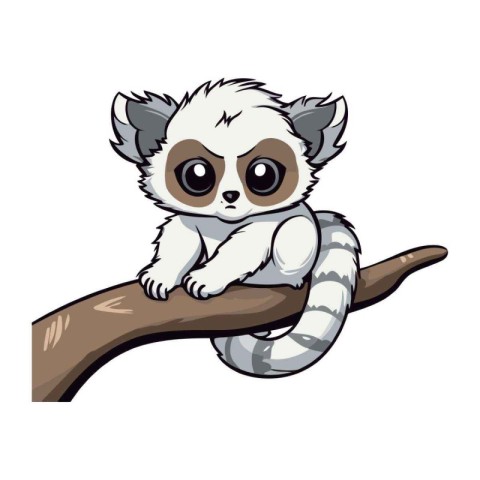 Cute cartoon lemur sitting on a branch. Vector illustration.