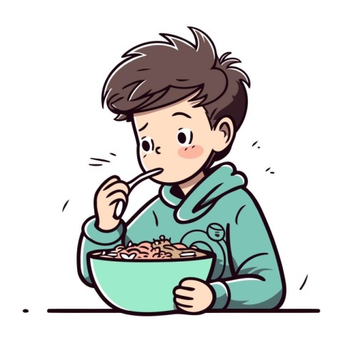 Illustration of a boy having a bowl of cereals. Vector.