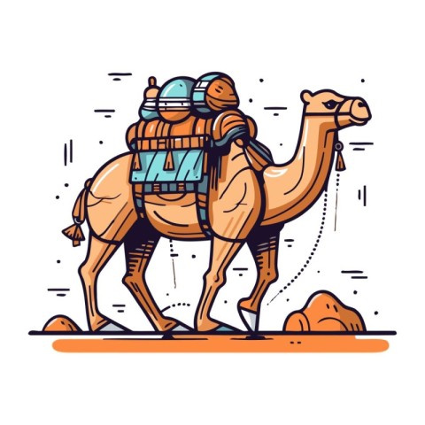 Camel in helmet and aviator goggles. Vector illustration in line