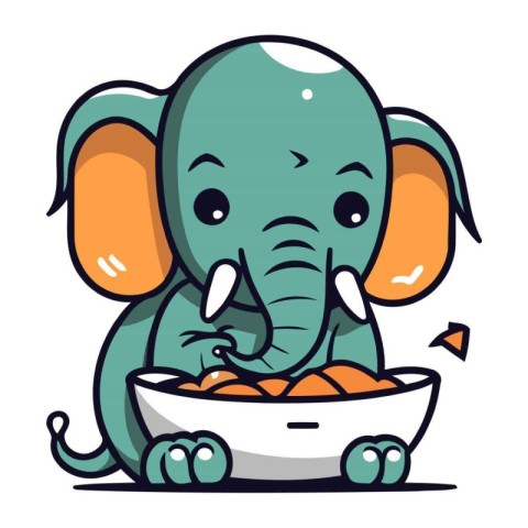 Cute cartoon elephant eating a bowl of food. Vector illustration