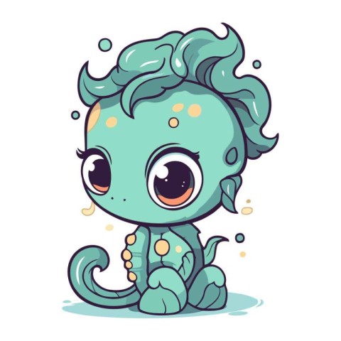 Cute cartoon baby boy with green hair and blue eyes. Vector illu