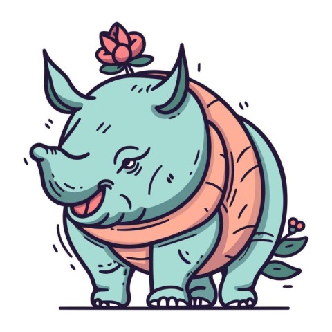 Cartoon rhinoceros with rose flower. Vector illustration.