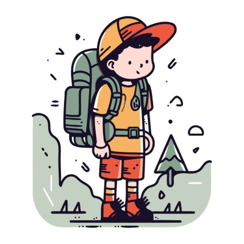 Vector illustration of hiker with backpack and cap on white back