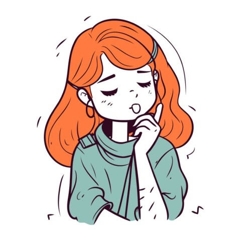 Young red haired girl with a sore throat. Vector illustration.