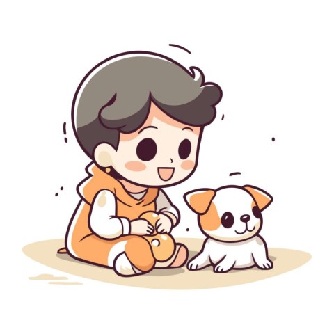 Cute boy playing with dog. Cute cartoon vector illustration.