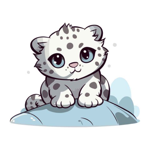 Cute cartoon snow leopard sitting on a rock. Vector illustration