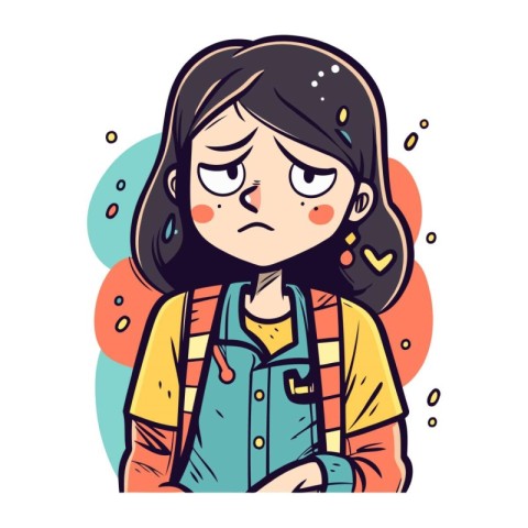 Sad girl with backpack. Vector illustration in cartoon style on