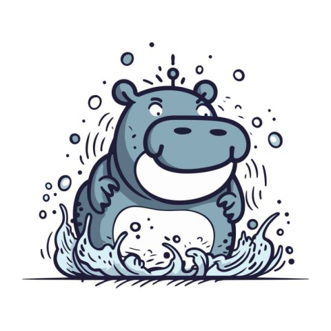 Cute hippopotamus swimming in the waves. Vector illustration.