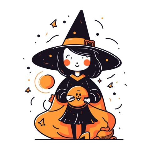 Cute little girl in witch costume with pumpkin. Vector illustrat