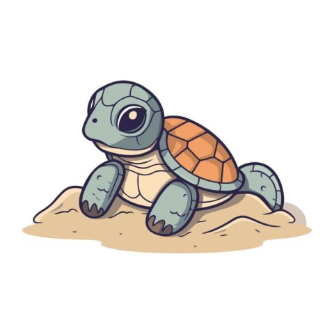 Cute cartoon turtle on the sand. Vector illustration isolated on