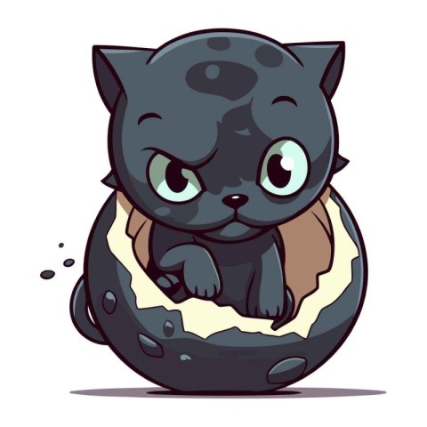 Cute black cat peeking out of an egg. Vector illustration.