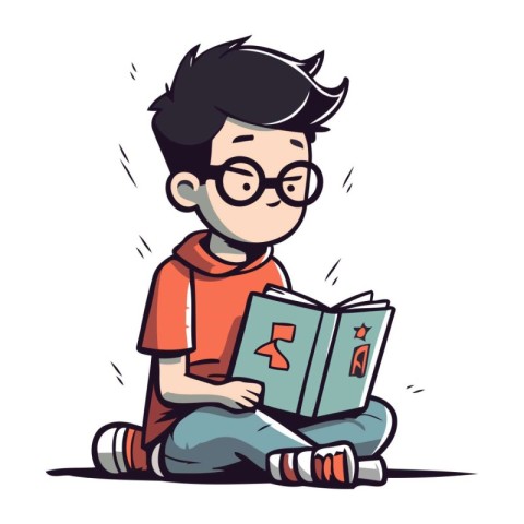 Cute boy reading a book. Vector illustration in cartoon style.