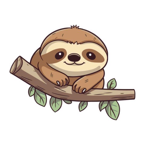 Cute cartoon sloth sitting on a branch. Vector illustration.