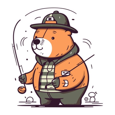 Cartoon vector illustration of a beaver fisherman with fishing r