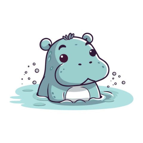 Cute hippo in water. Vector illustration isolated on white backg